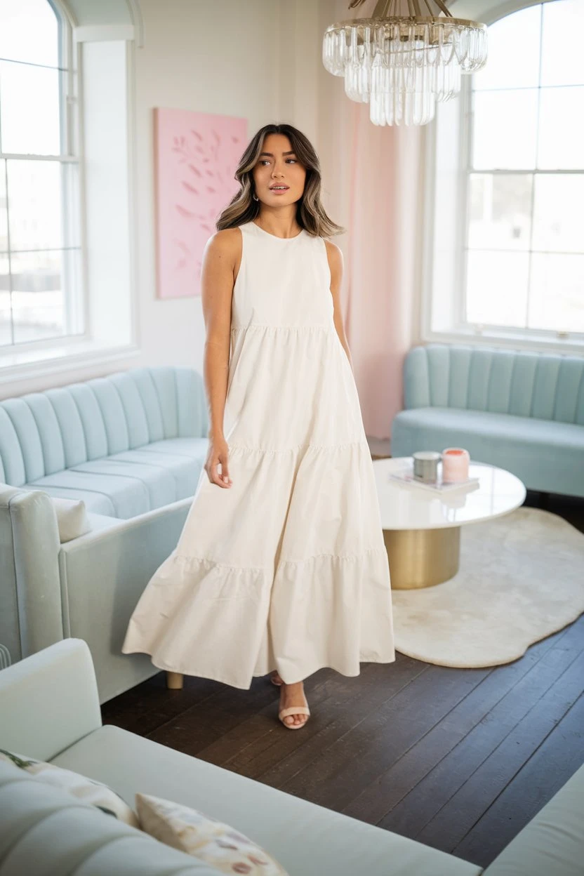 Effortless Tiers Cream Maxi Dresses for Modern Bridal Moments