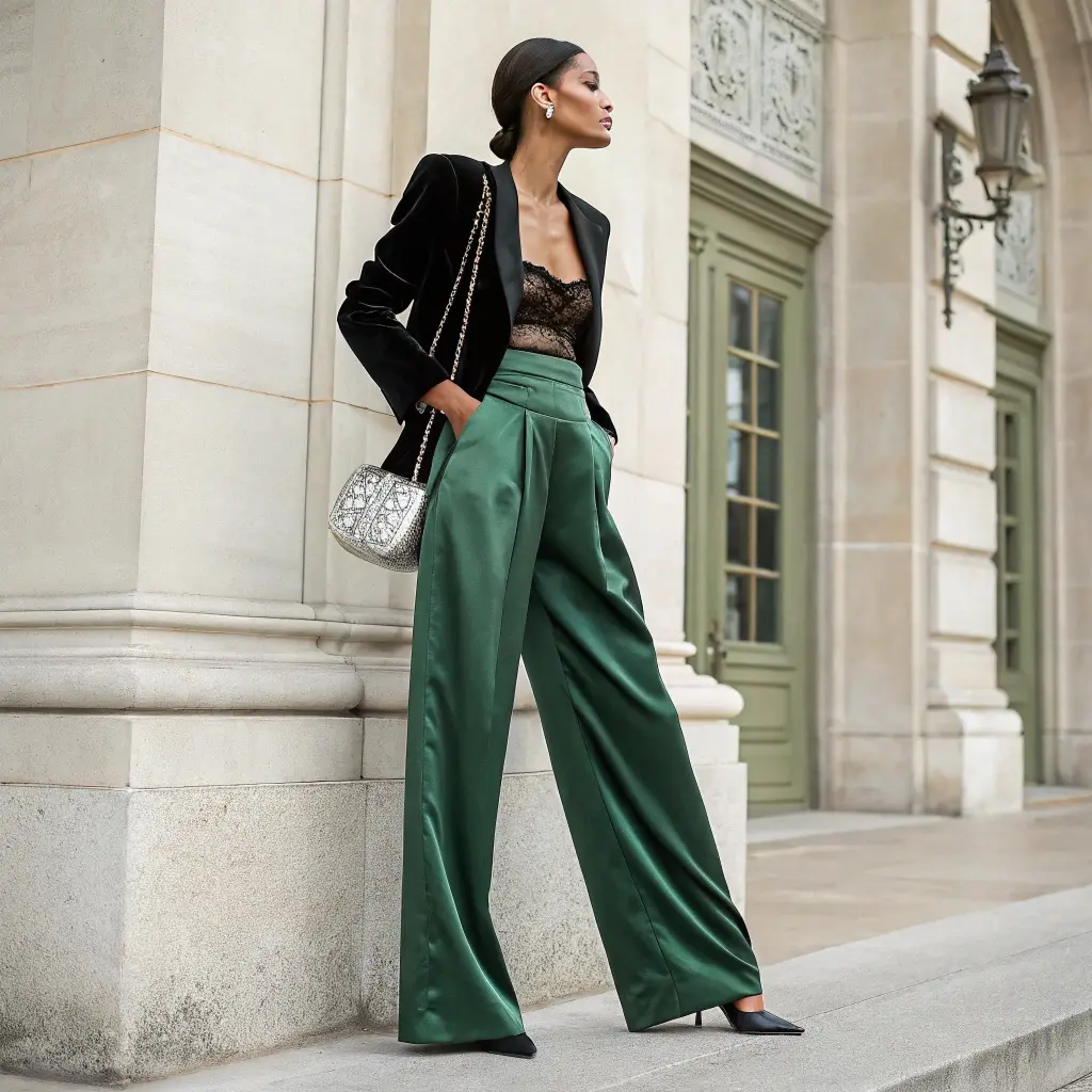 Emerald Satin & Velvet Ensemble: Luxurious Textures for Evening Statement Making