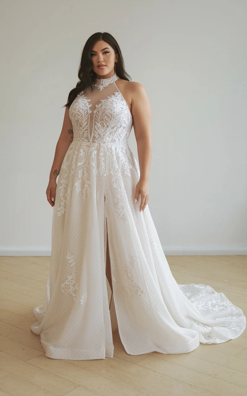 Ethereal Elegance Embroidered Halter Gown with Illusion Details