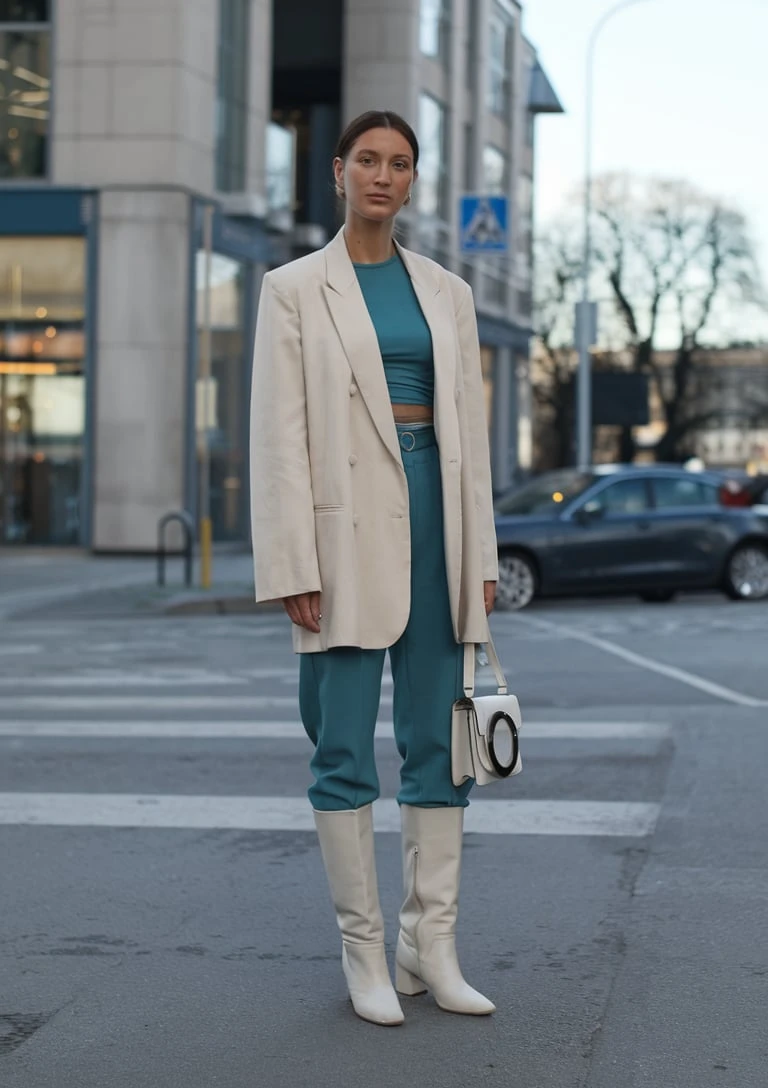 Ivory Contrast Cream Blazer Layered Over Teal Monochrome for Urban Color Theory
