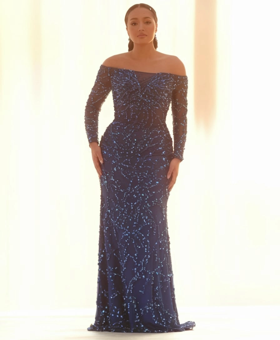 Mesmerizing Navy Brilliance A Festive Floor-Length Gown