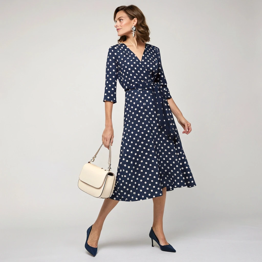 Navy Polka Dot Wrap Dress Timeless Playfulness for Sophisticated Rendezvous