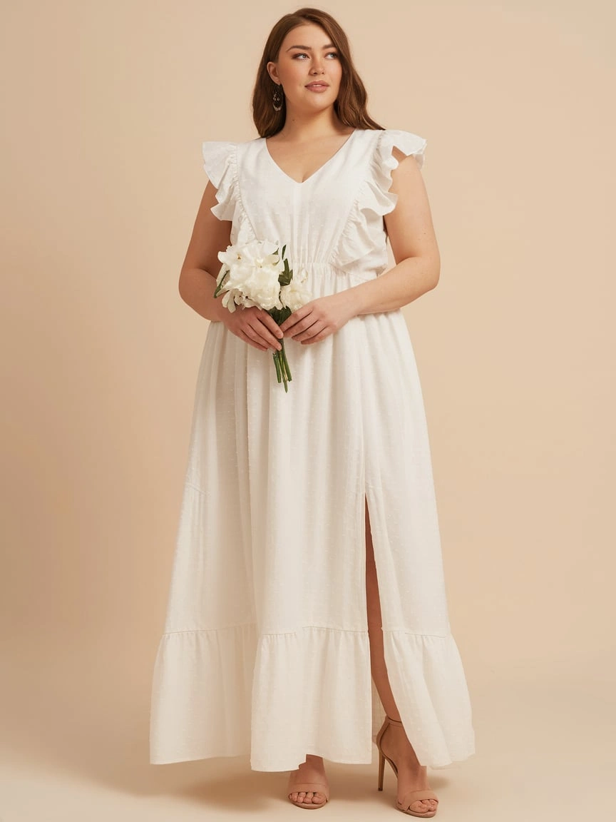 Pure Elegance White Flutter-Sleeve Maxi for Bridal Celebrations