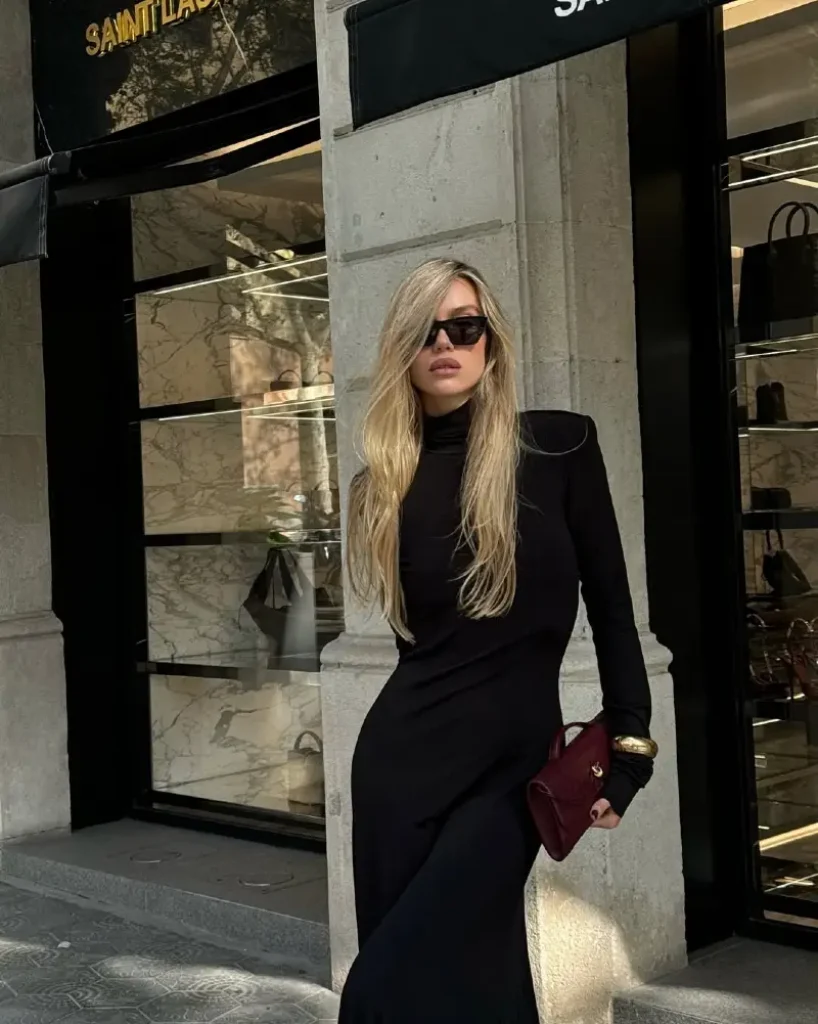 Sophisticated Black Turtleneck Maxi Dress with Structured Shoulders