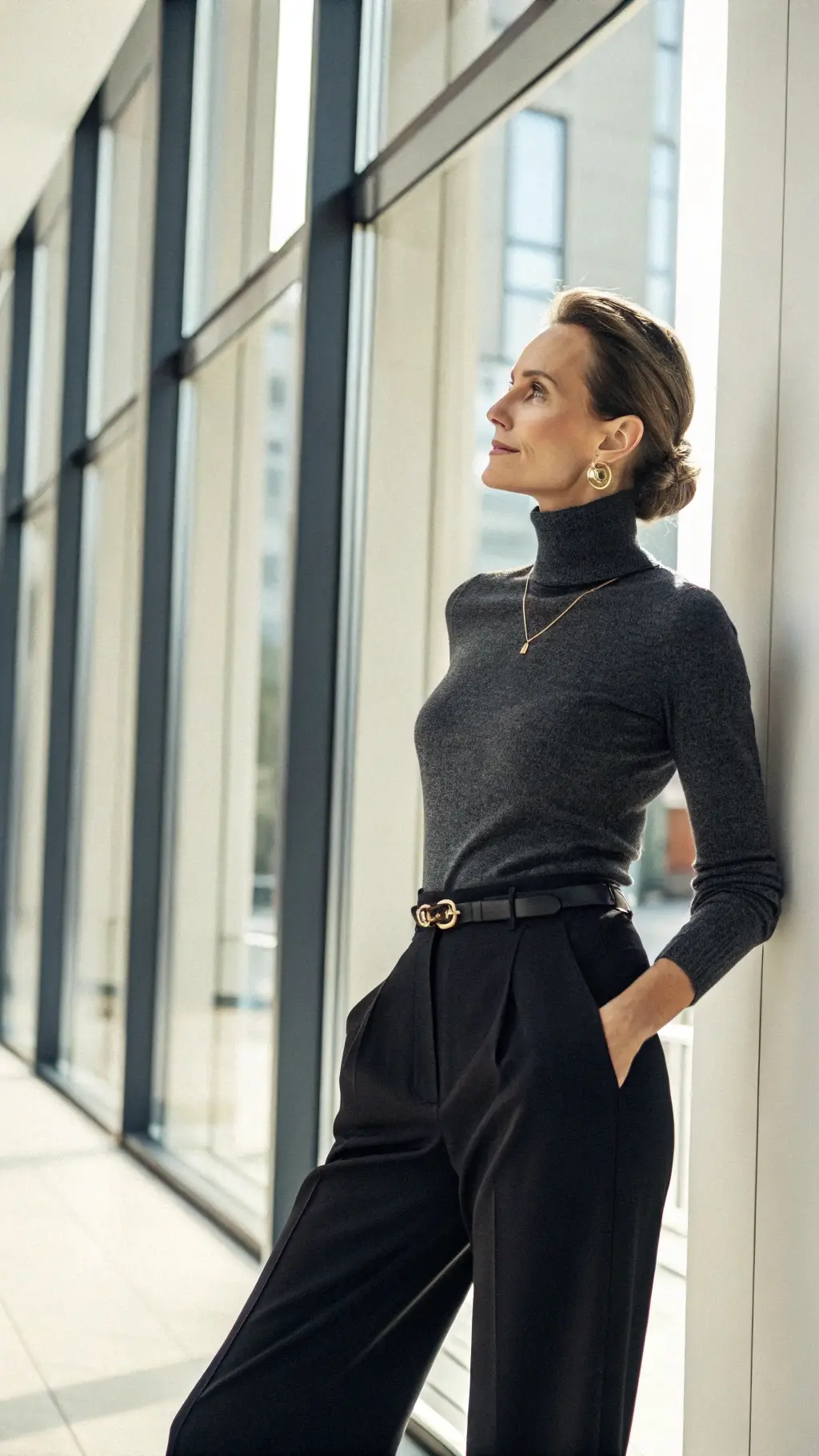 Sophisticated Grey Turtleneck & Wide-Leg Trousers