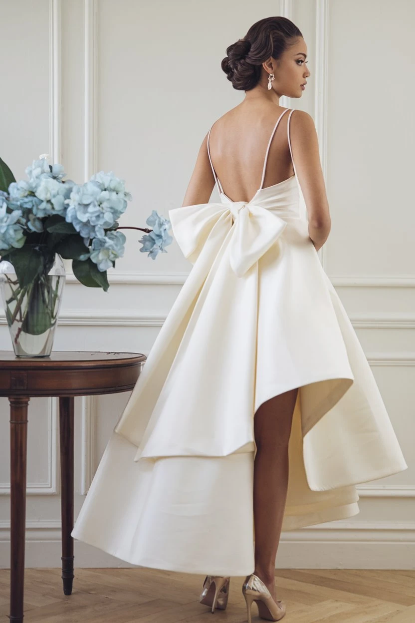 Statement Backs Bow-Adorned Ivory Gowns for Sophisticated Celebrations