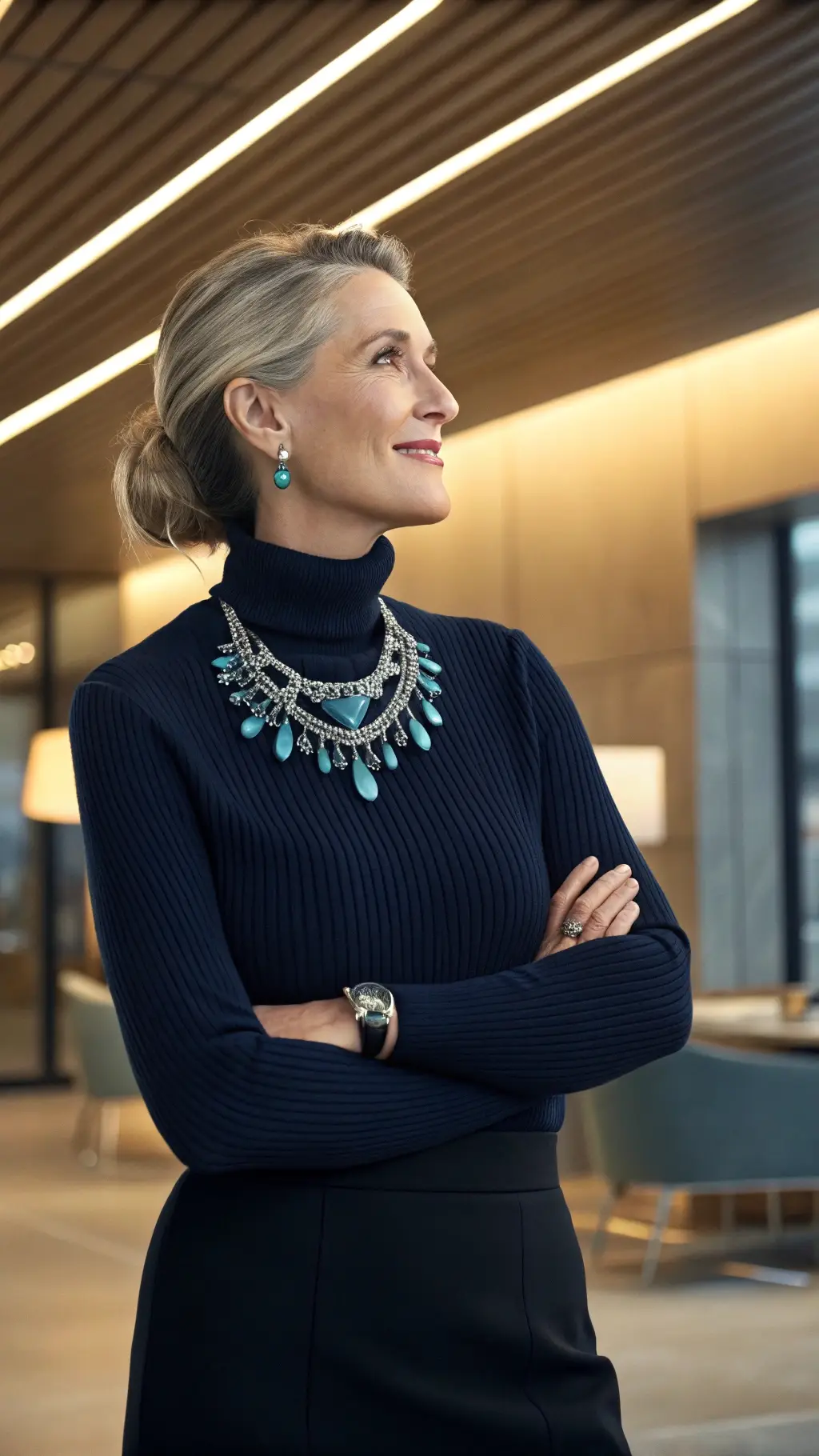 Statement Necklace with Navy Turtleneck