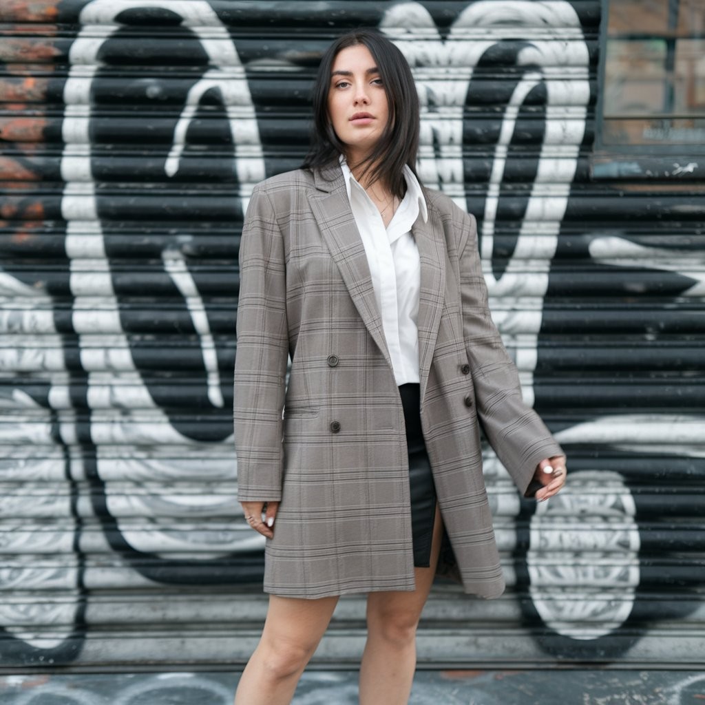 Urban Edge Gray Plaid Blazer Dress for Contemporary Street Style
