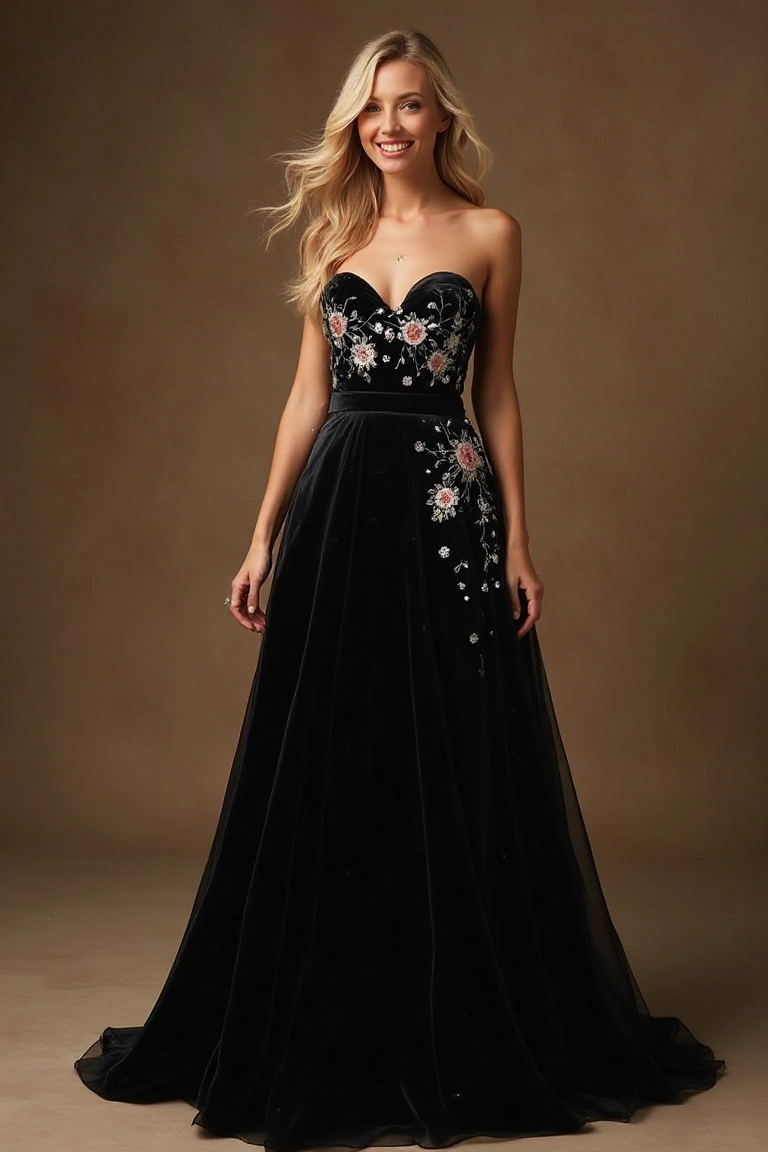 Velvet Enchantment Floral Embroidered Black Gown for Holiday Elegance
