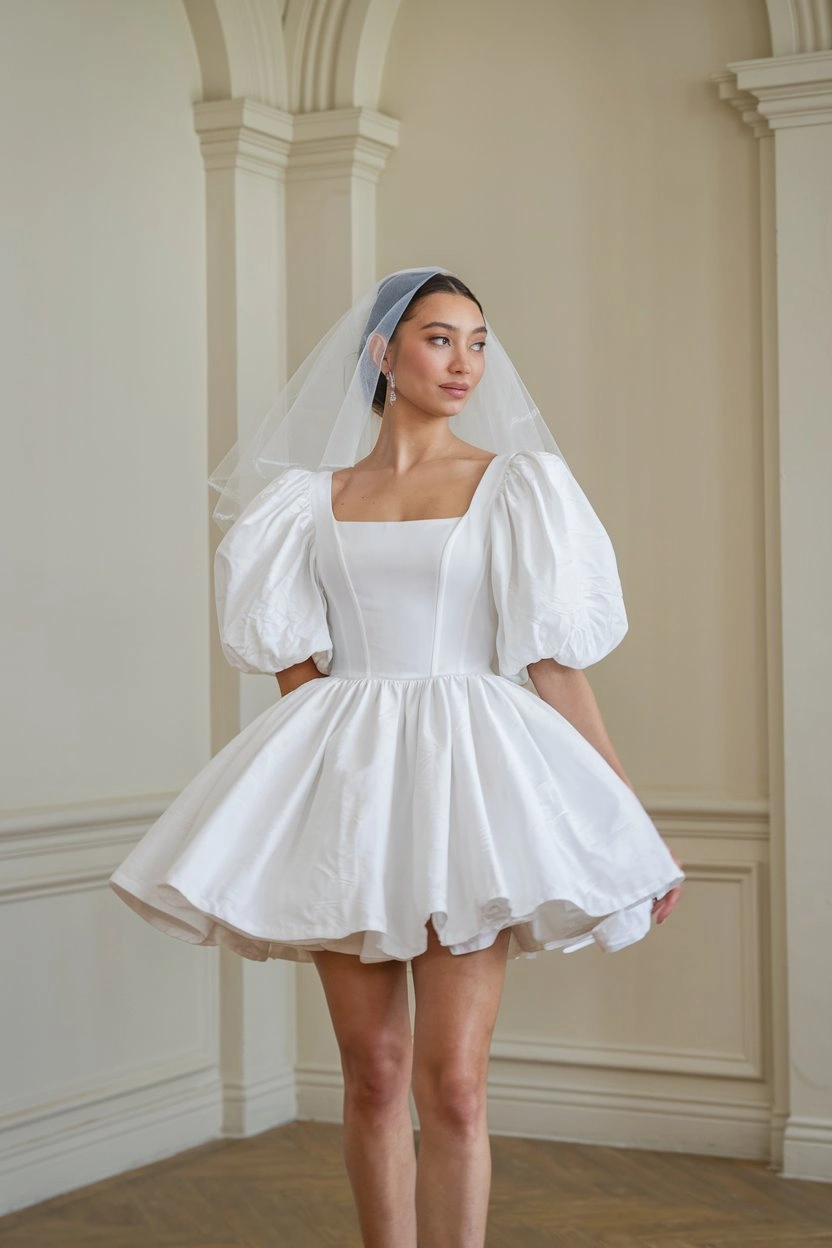 Voluminous Minimalism Puff-Sleeve Mini Dresses for Contemporary Brides
