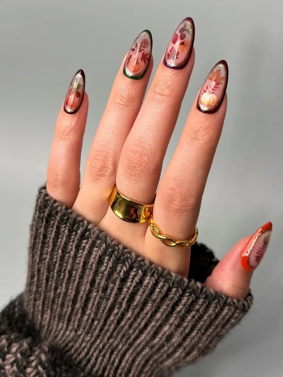 Glass Garden Elegance Botanical Autumn Nails with a Glossy Twist