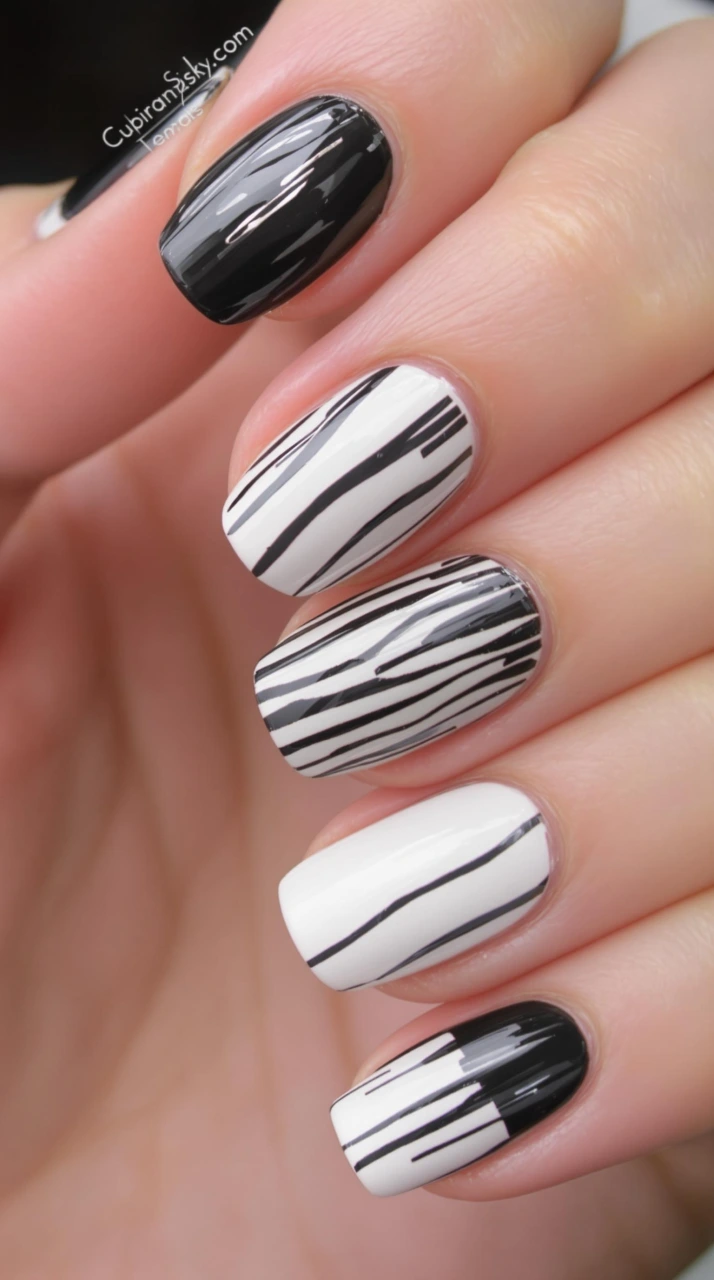 Abstract Black and White Nails with Bold Contrast
