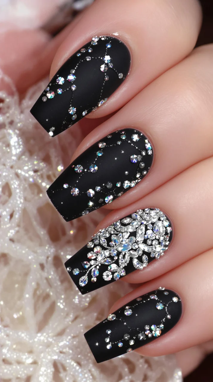 Black Matte Nails with Dazzling Rhinestones