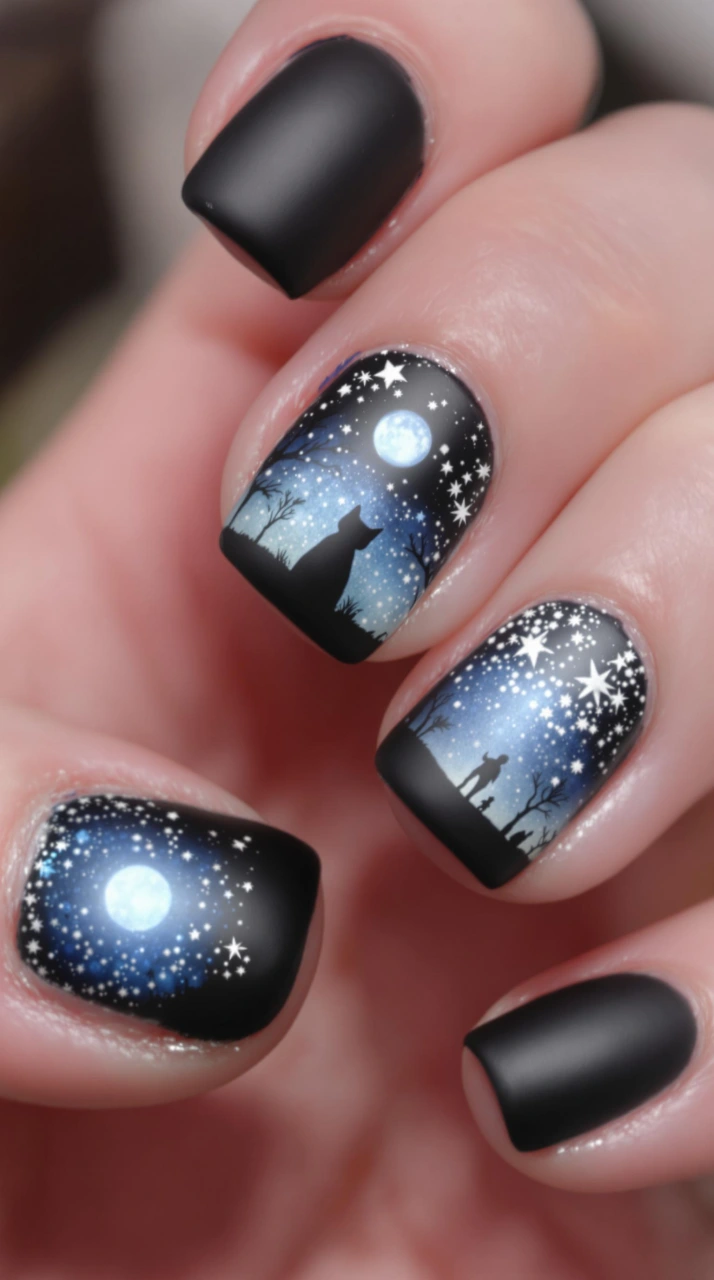Black Nails with Dreamy Celestial Scenes