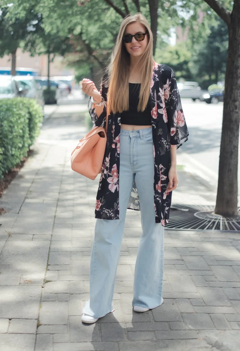 Botanical Boho Floral Kimono & Light-Wash Denim Ensemble