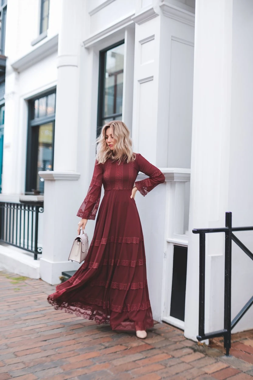 Burgundy Bohemian Lace-Detailed Maxi for Winter Celebrations