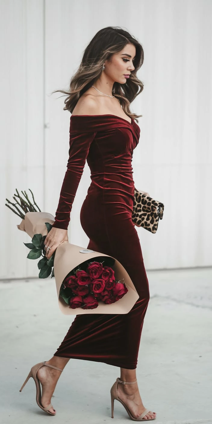 Burgundy Velvet Off-Shoulder Elegance for Winter Romance