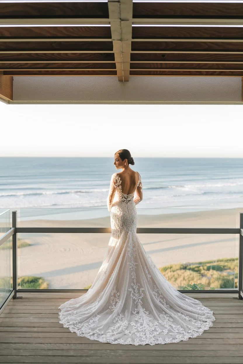 Coastal Splendor Open-Back Lace Gowns Merging Horizon and Romance