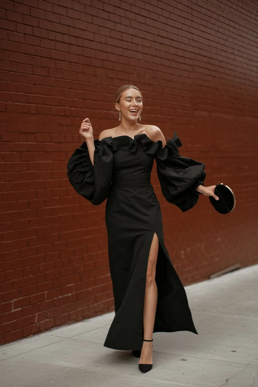 Dramatic Statement Sleeves Modern Black Elegance for Winter Celebrations