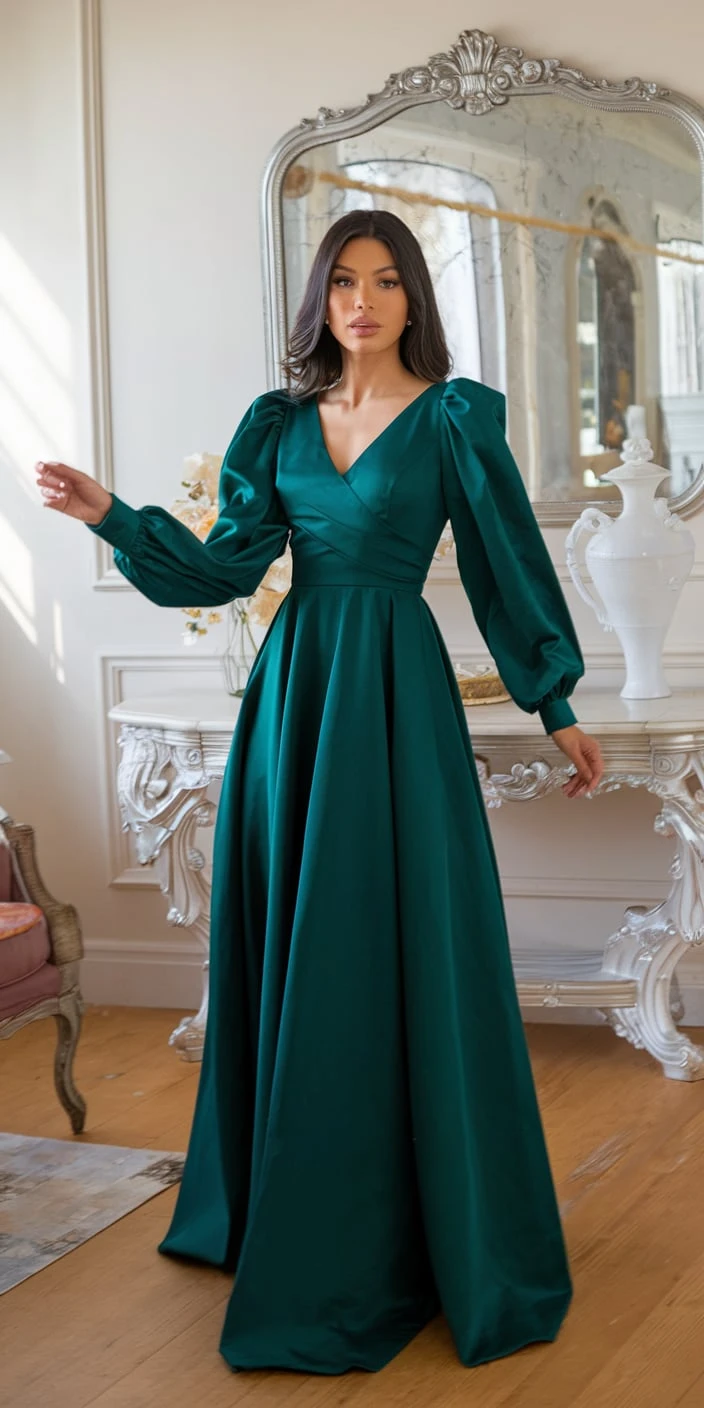 Emerald Elegance Satin Ballgown for Winter Festivities