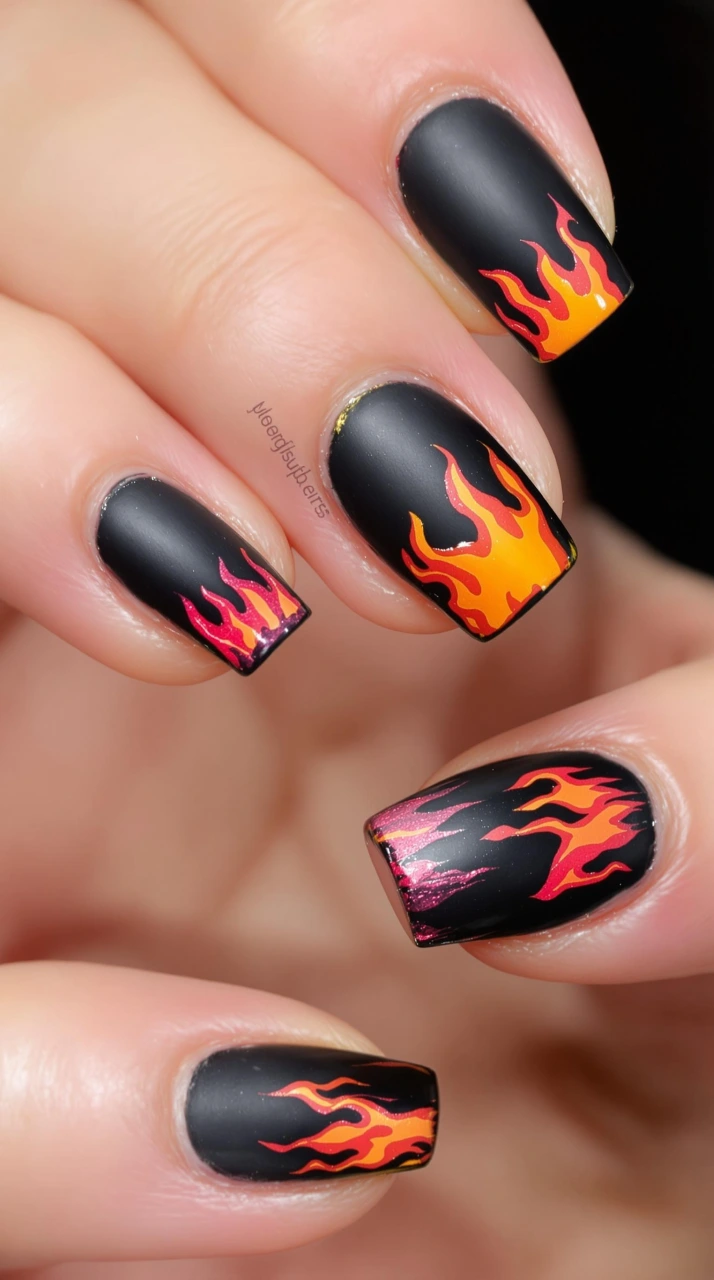Fiery Black Nails with Hot Rod Energy