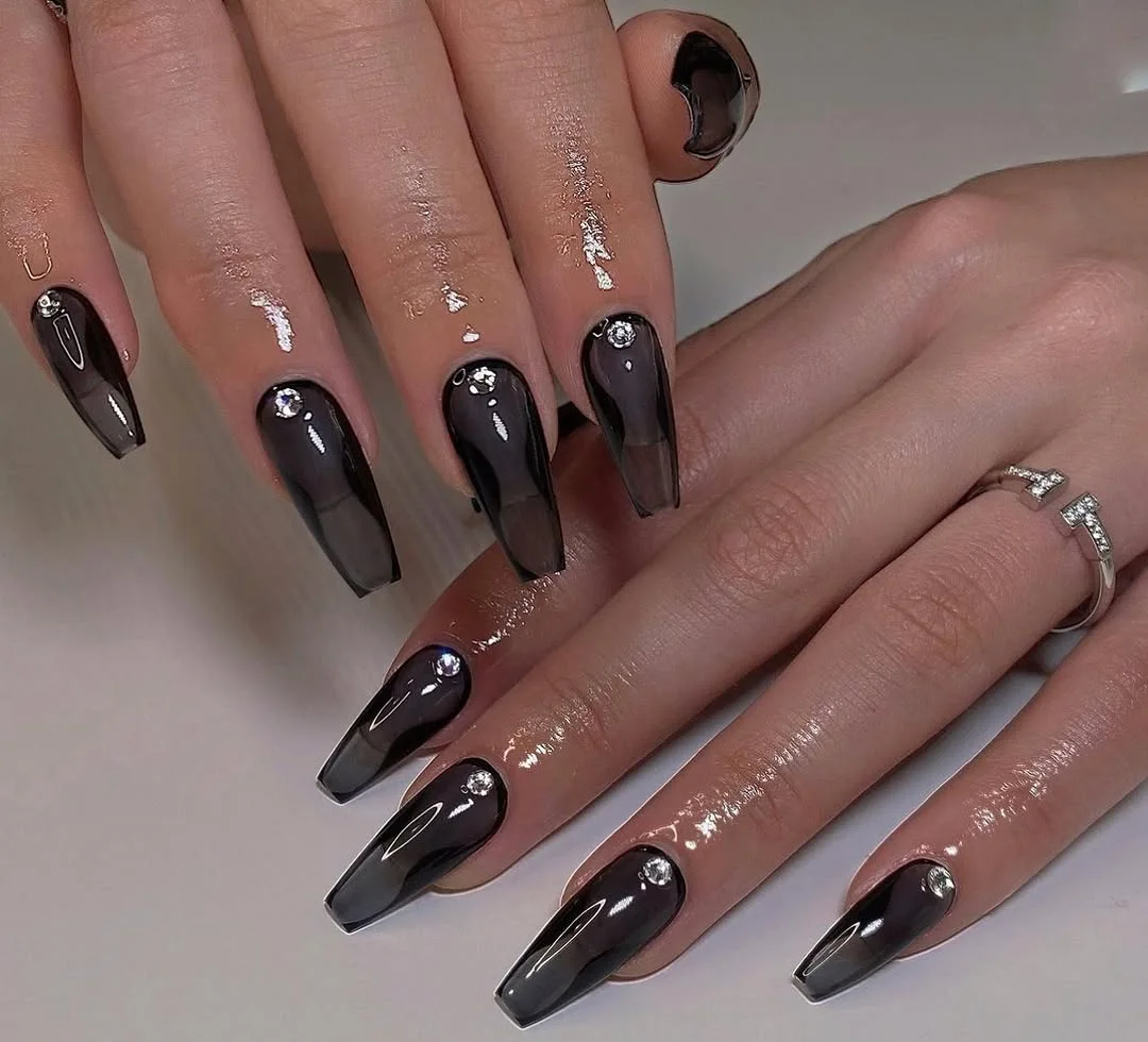 Glossy Black Nails with a Luxe Edge