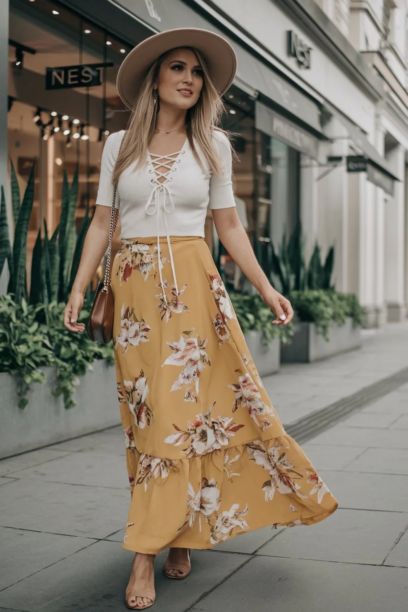 Golden Hour Glory Floral Maxi Skirt Outfit for Urban Bohemian Adventures