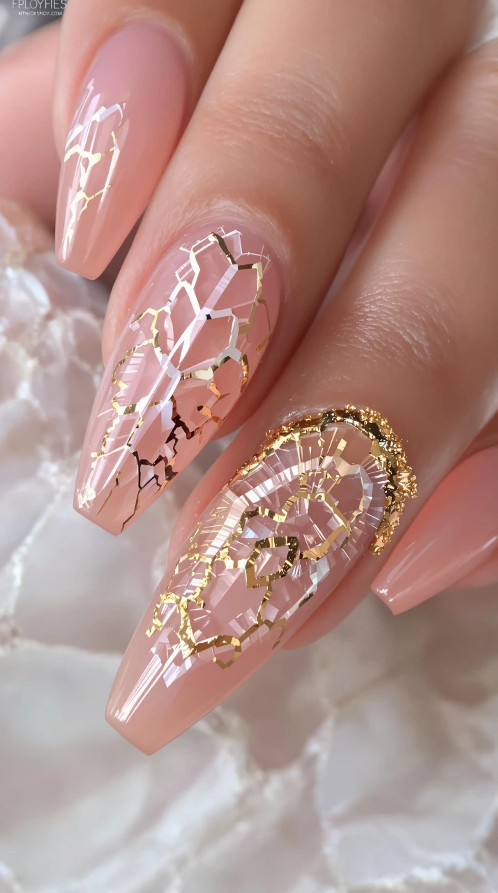 Golden Shattered Elegance – Luxe Geometric Details on a Soft Blush Base