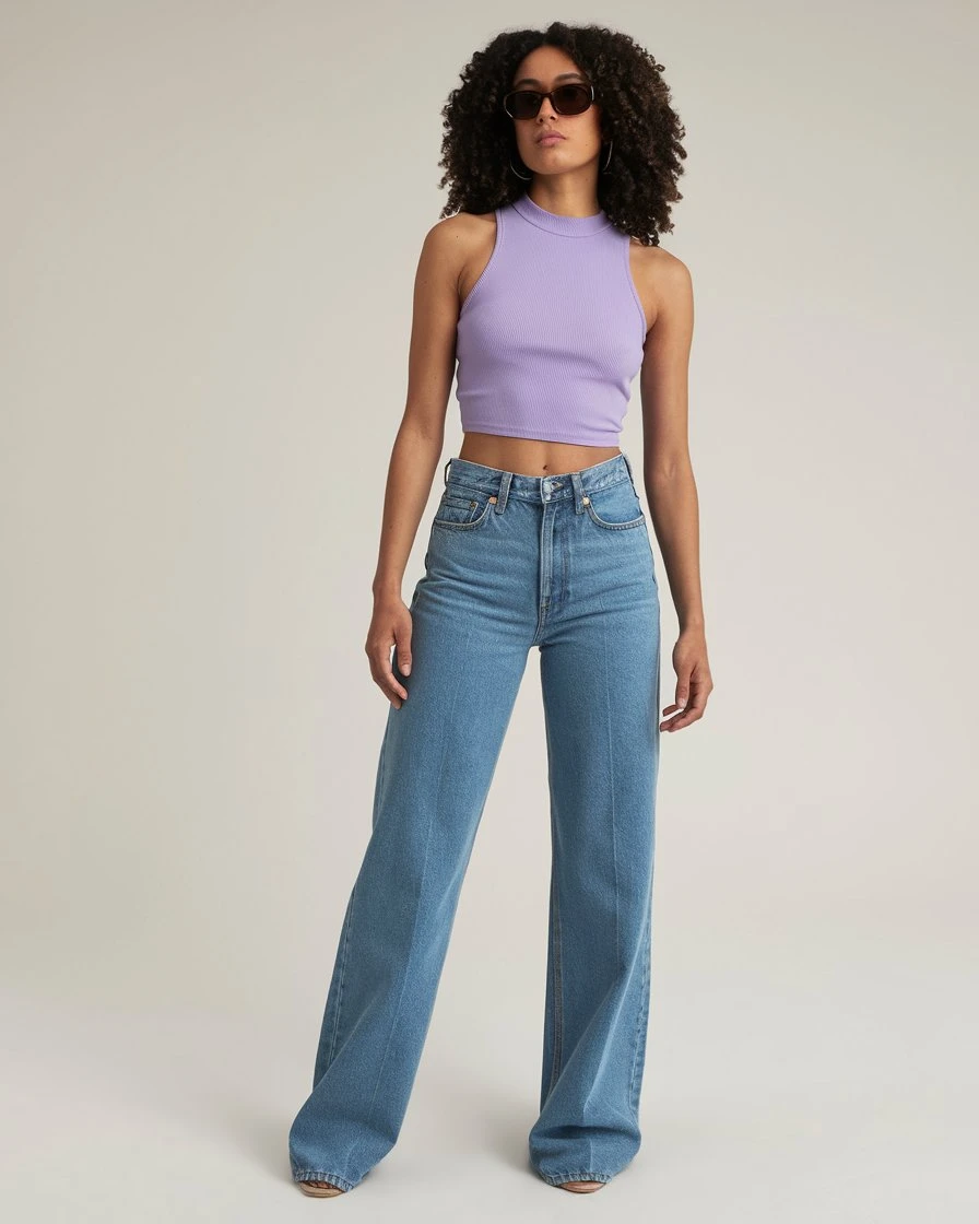 Lavender Minimalism Ribbed Mock-Neck & Vintage Straight-Leg Denim Pairing