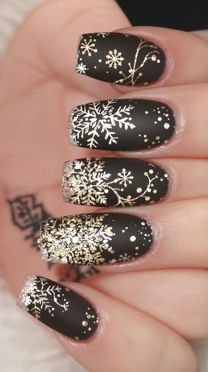 Matte Black Nails with Frosted Snowflakes