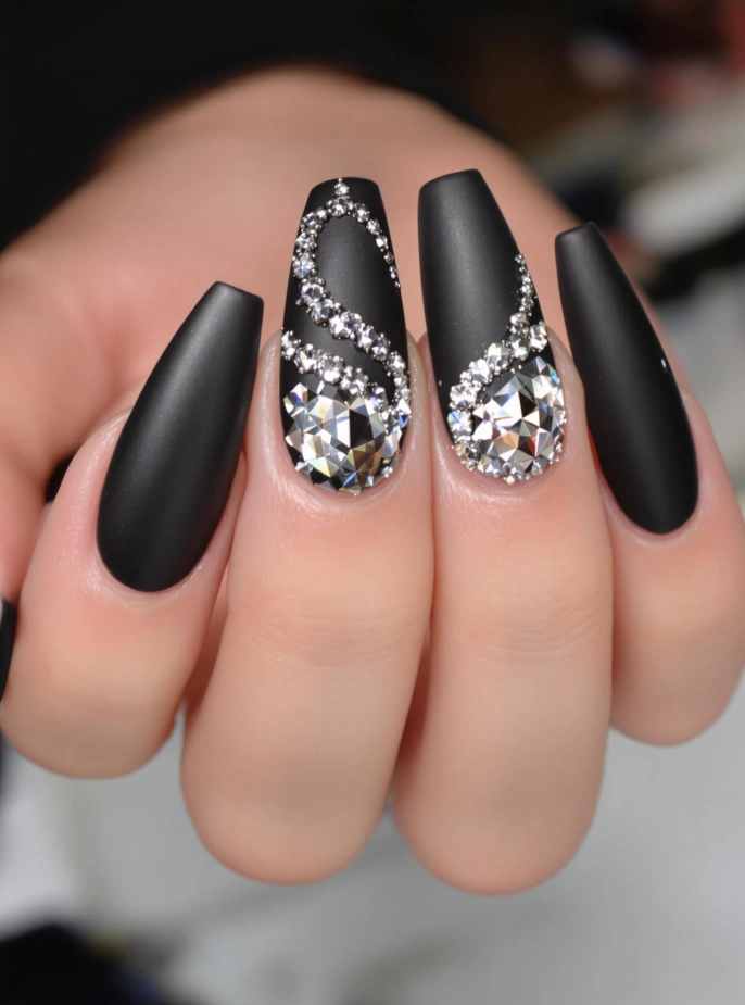 Matte Black Nails with Glamorous Diamond Detailing