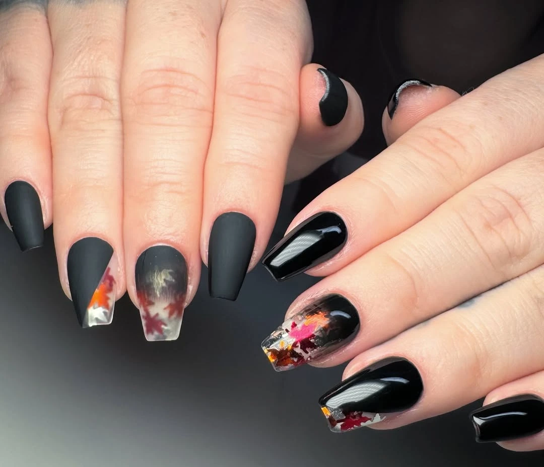 Matte and Gloss Nails with a Leafy Twist