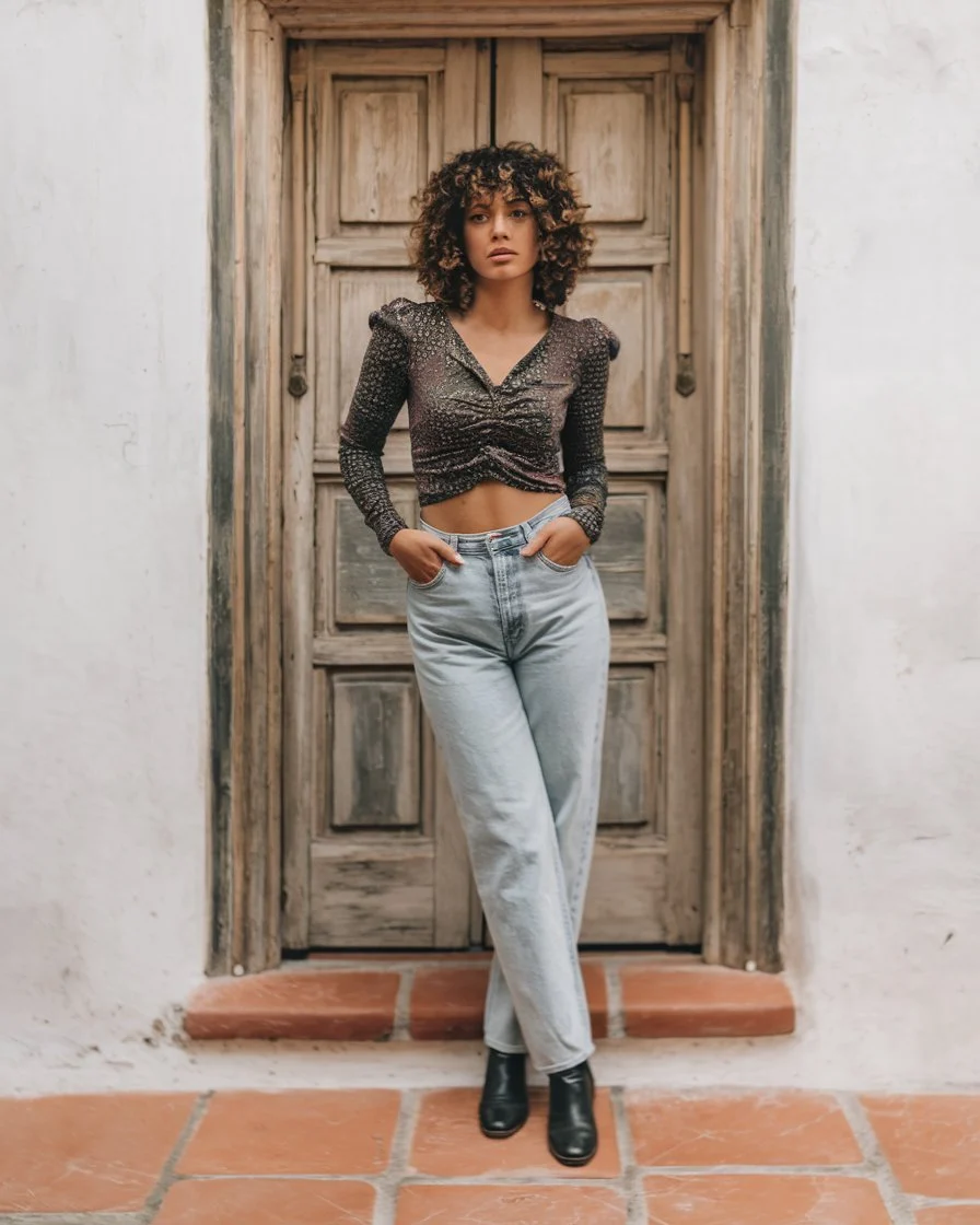 Mediterranean Mystique Textured Twist-Front & Vintage Denim Portrait
