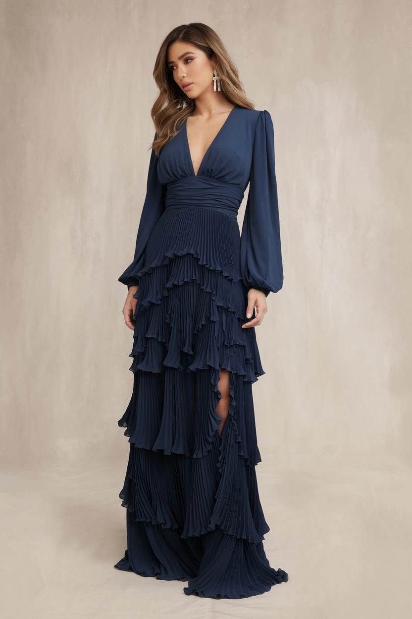Midnight Blue Drama Flowing Ruffles for Evening Ceremonies
