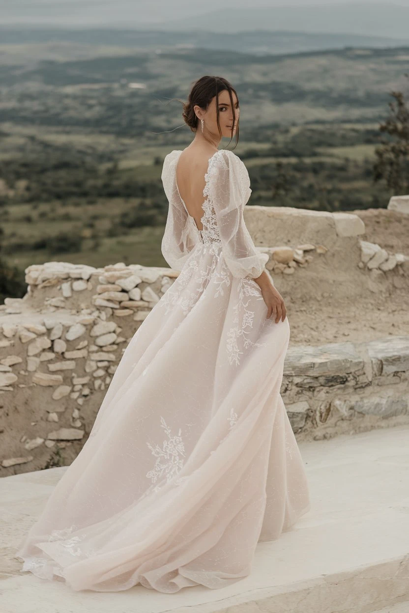 Mountaintop Majesty: Billowing-Sleeve Open Back Gowns Embracing Elevated Romance