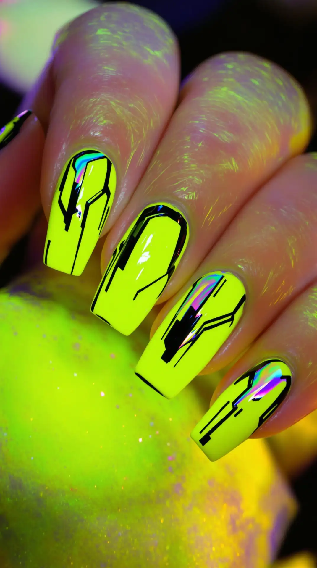 Neon Voltage Electric Yellow Nail Art with Futuristic Edge