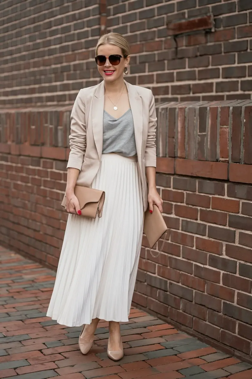 Neutral Narrative Pleated Maxi Skirt Outfit Bridges Industrial Past and Refined Present