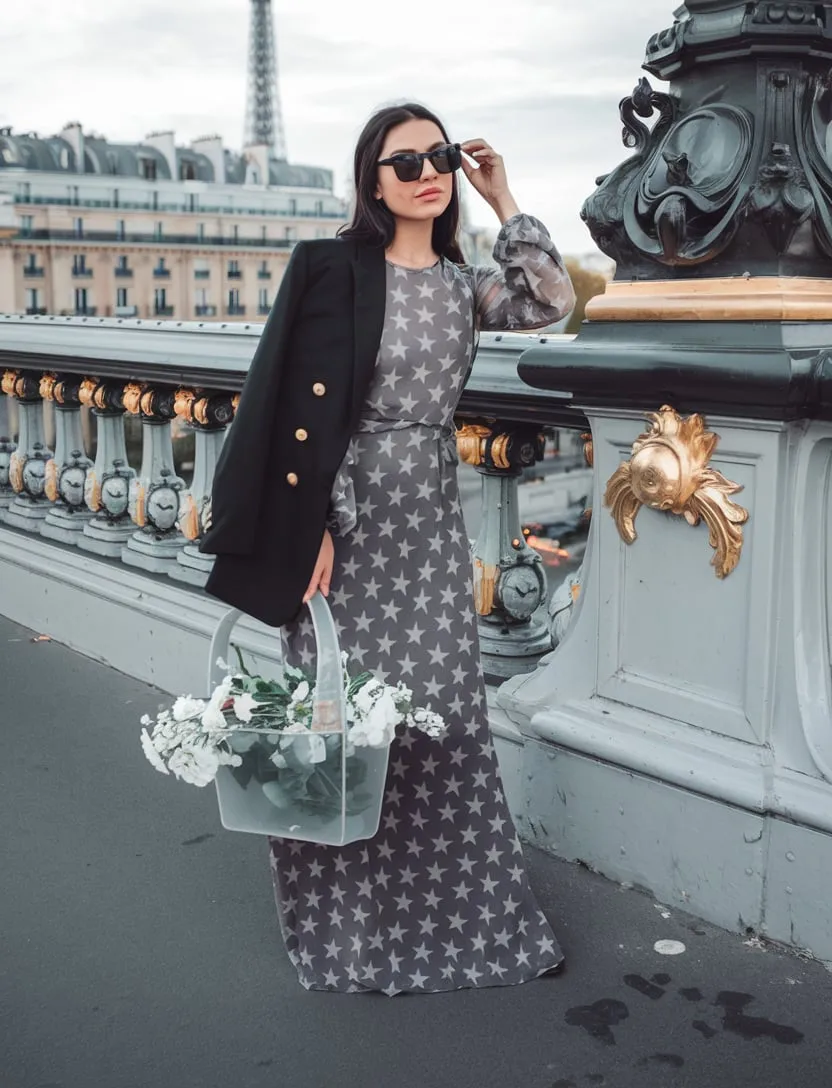 Parisian Chic Star-Patterned Ensemble with Structured Blazer
