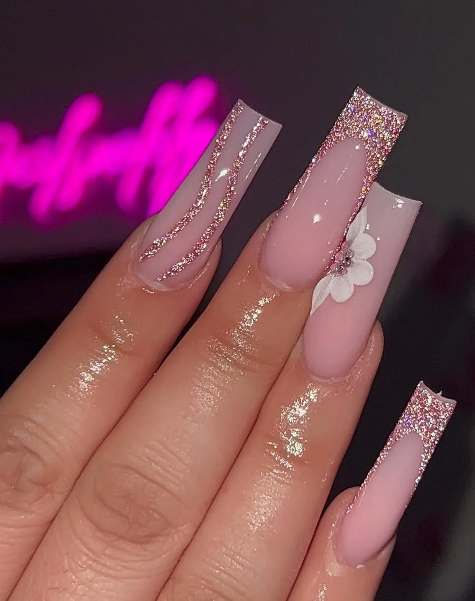 Pink Glitter Bloom – Sparkle-Trimmed Nails with Floral Charm