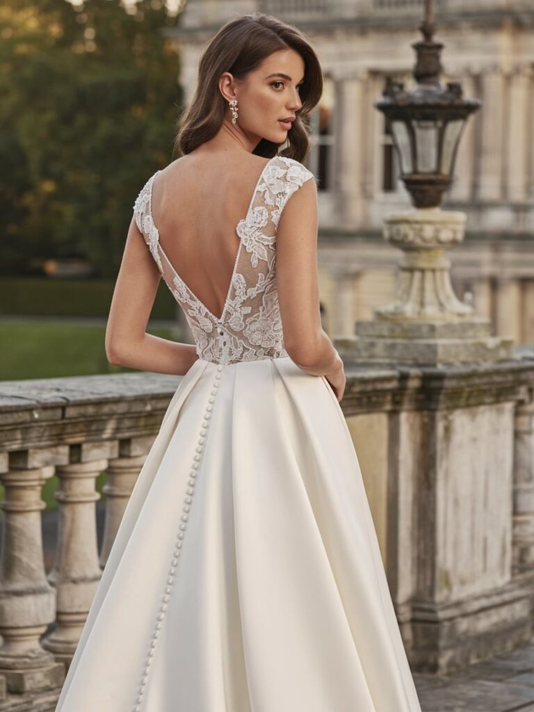 Regal Heritage Lace-Detailed V-Back Gowns Elevating Estate Celebrations
