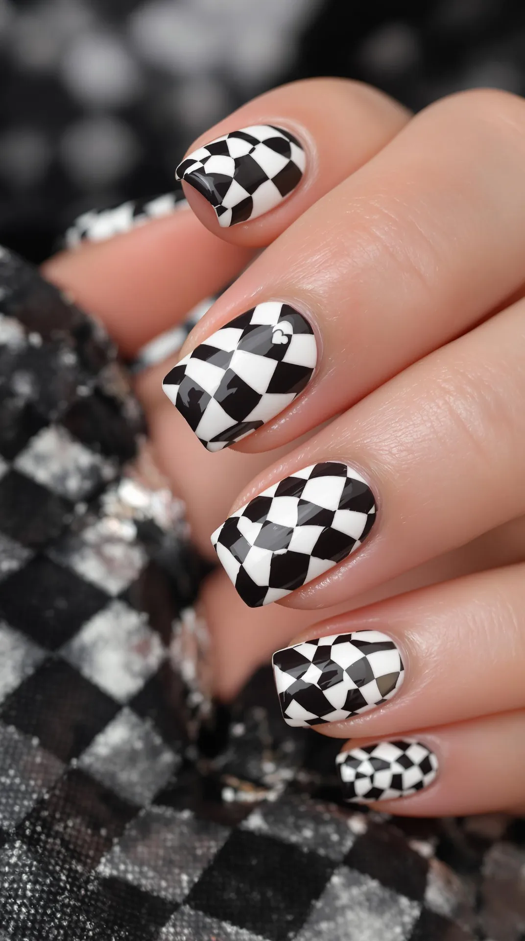 Retro Revival Black and White Checkerboard Nails with a Twist