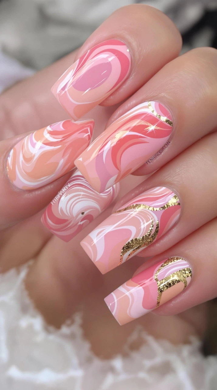 Retro Swirl Magic – Pink Marble with Luxe Golden Waves
