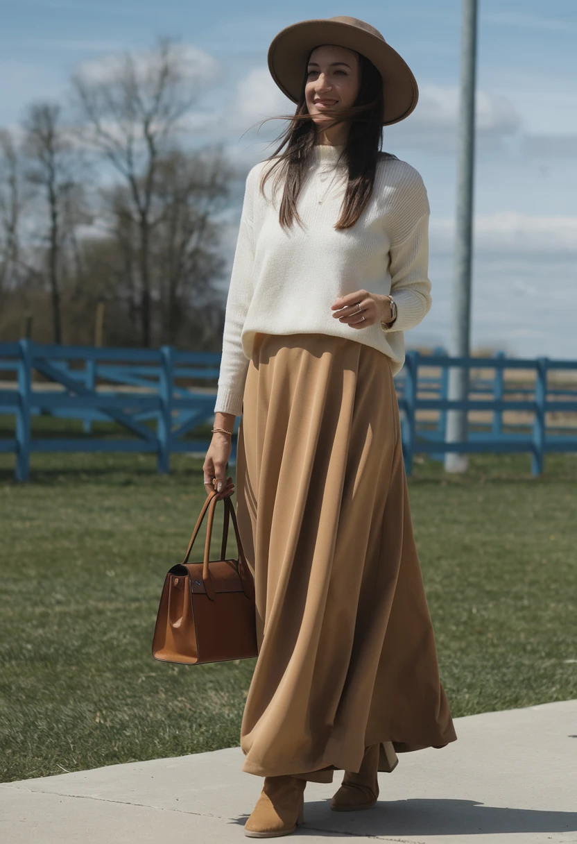 Rural Refinement Camel Maxi Skirt Outfit Blends Country Serenity with Modern Elegance
