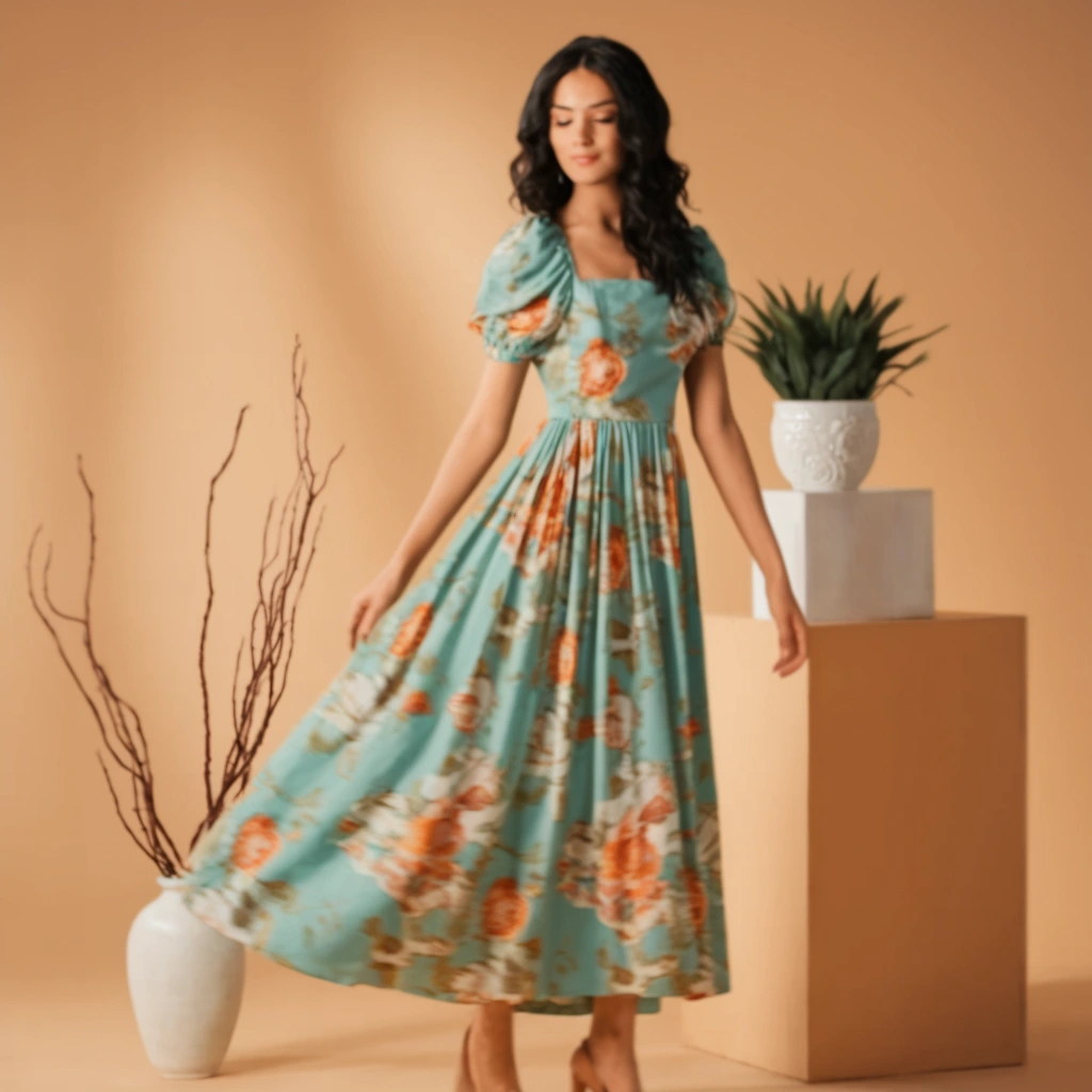Seafoam Florals and Puff Sleeves Vintage-Inspired Summer Elegance