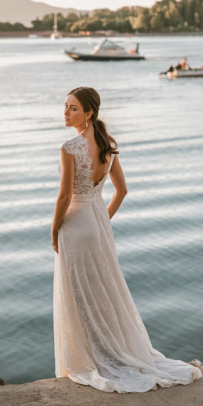 Seaside Serenity Lace-Framed Open Back Gowns Capturing Coastal Romance