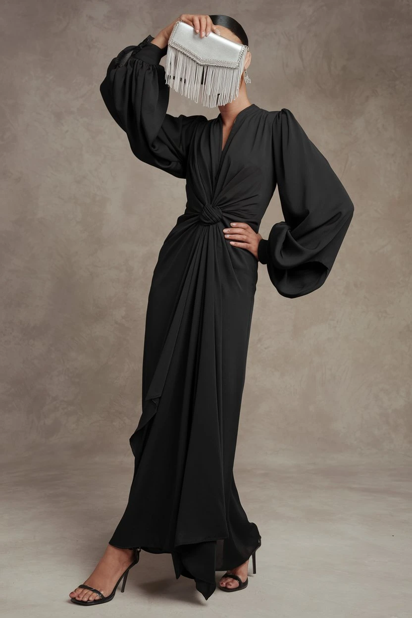 Statement Sleeves Dramatic Black Gown with Metallic Accents