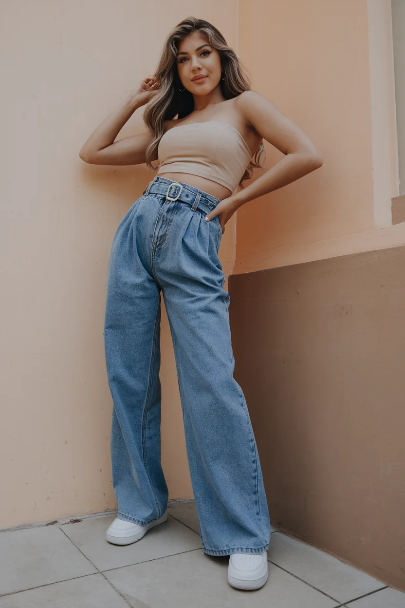 Terracotta Tones: Bandeau Tube Top & Wide-Leg Pleated Denim Statement