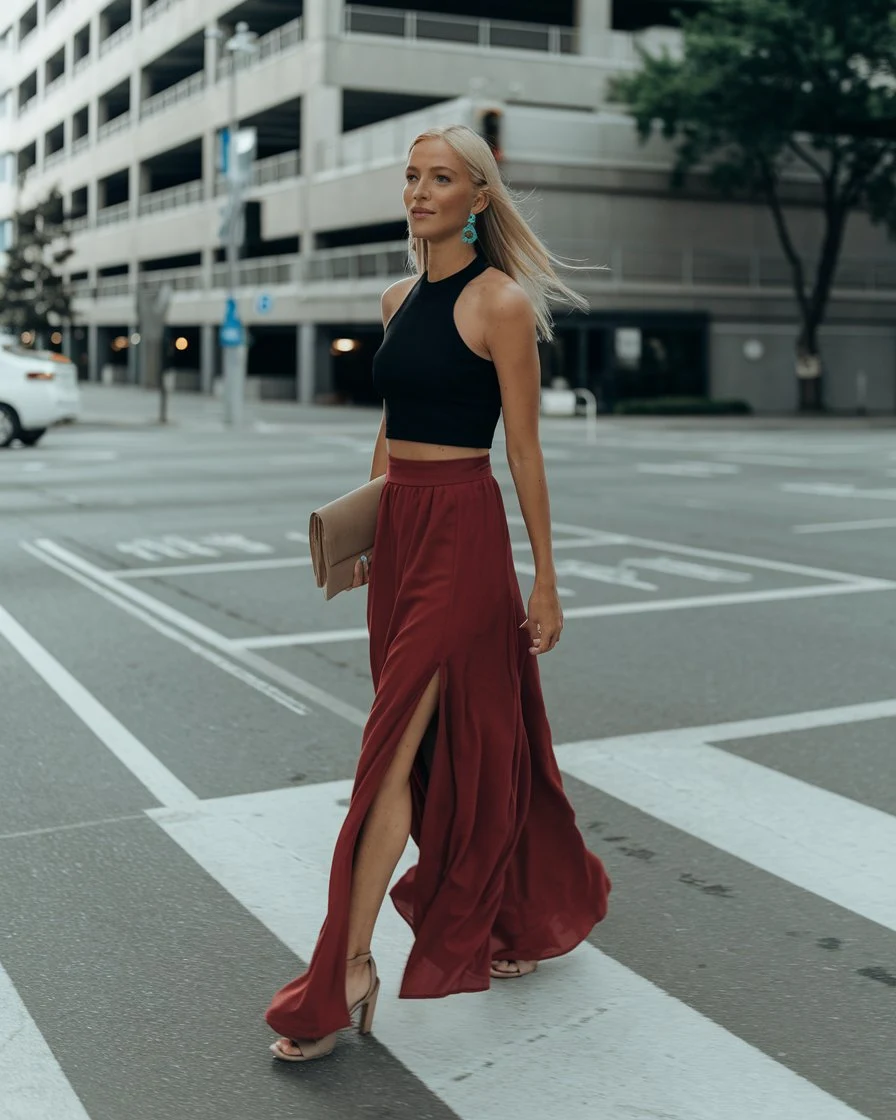 Urban Sophistication Burgundy Maxi Skirt Outfit Transforms Concrete Crosswalks Into Runways
