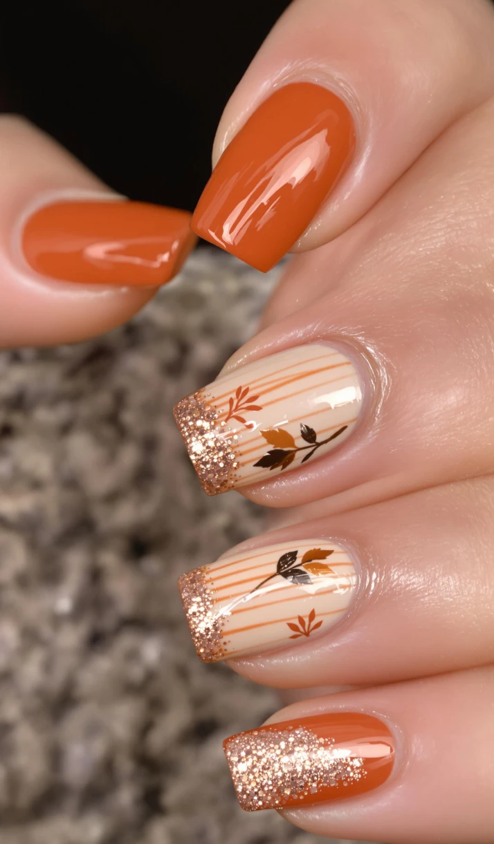 Warm Orange Nails with Glittery Leaves