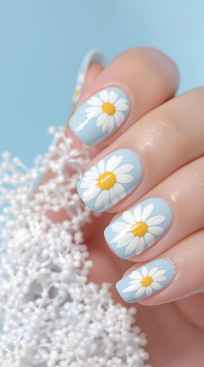 Whimsical Florals nails on a Sky Blue Canvas